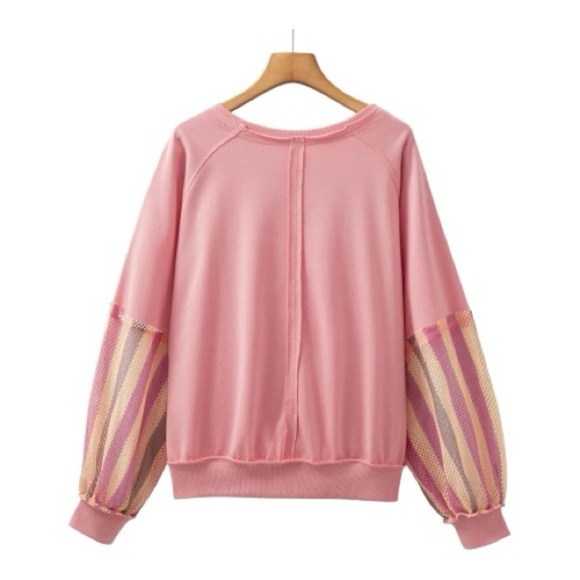 NWT Women’s Striped Mesh Sleeve Patchwork Exposed Seam Top Sweatshirt Medium - Picture 2 of 8
